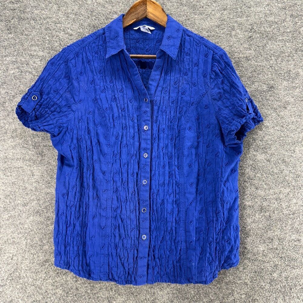 Allison Daley Shirt Women 16 Blue Geometric Button Up Collared Short Sleeve